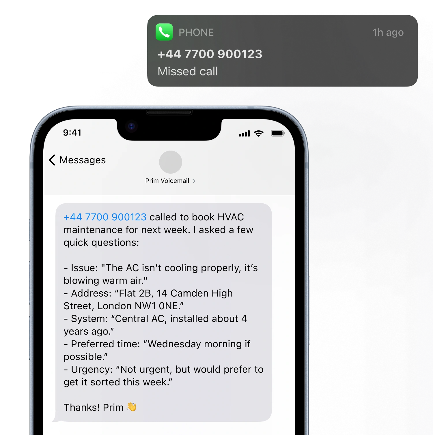 Prim AI SMS summary showing detailed call information from a missed HVAC service call with phone notification